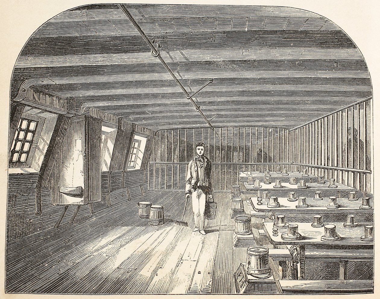 Un pabellón a bordo del casco de la Defensa arreglado para el regreso de los convictos a la cena, ilustración de Las prisiones criminales de Londres y escenas de la vida en prisión de Henry Mayhew y John Binny, pub. 1862 de English School