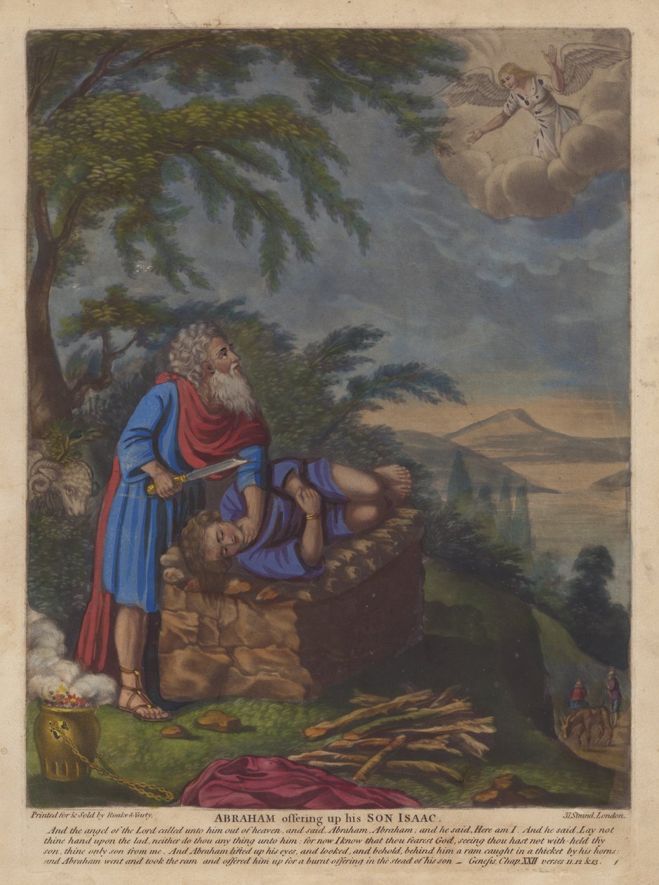 Abraham ofrece a su hijo Isaac (litografía en color) de English School
