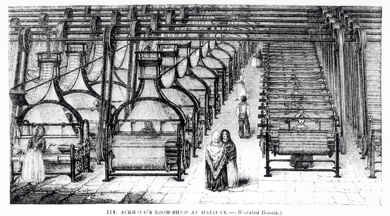 El cobertizo de telares de Ackroyd en Halifax (bienes de estambre) de English School