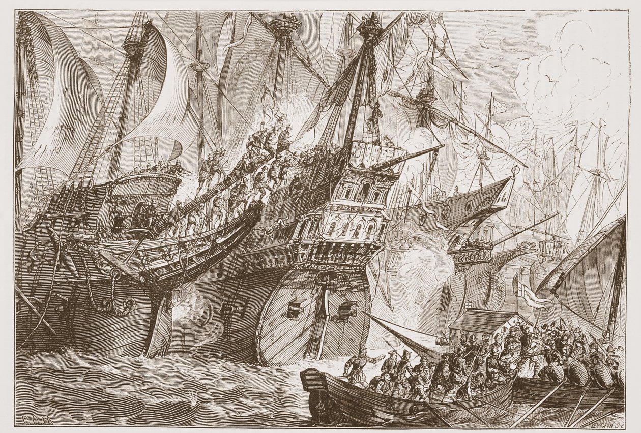Acción entre la flota española y los barcos de los Mendigos del Mar, ilustración de La Historia del Protestantismo de James Aitken Wylie (1808-1890), pub. 1878 de English School