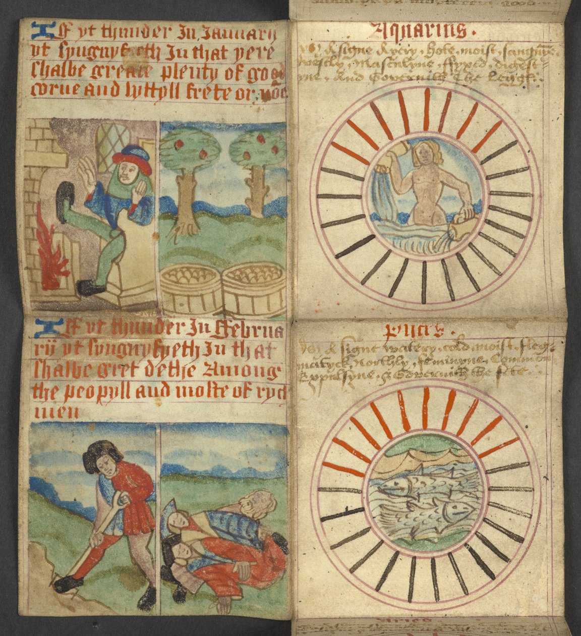 Agregar. 17367, f.3r Acuario y Piscis, del Almanaque, que contiene una tabla de letras dominicales y números áureos; instrucciones para encontrar las fiestas móviles; calendario de santos, épocas, lista de soberanos ingleses, pronósticos del tiempo, influe de English School