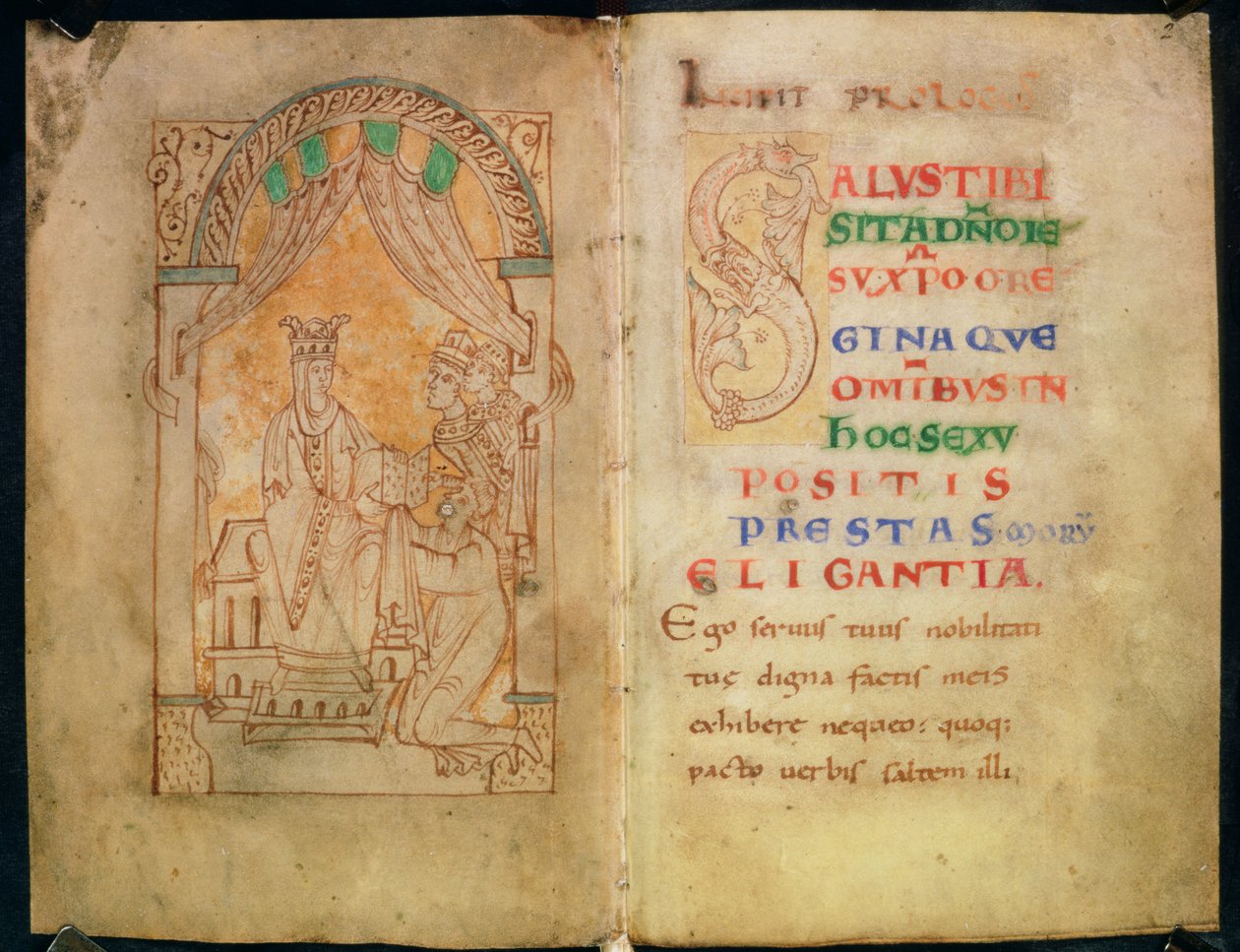 Add 33241 ff.1v-2 La reina Emma esposa de Ethelred II y Canuto recibe el libro de manos de su autor; Texto con `S