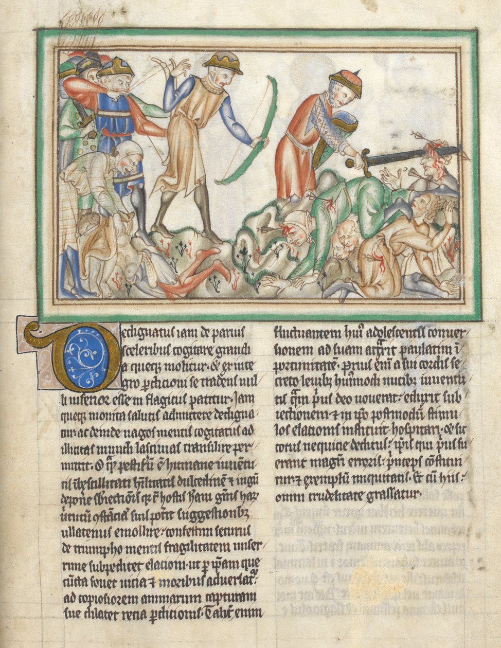 Añadir 35166 f.35 Gente siendo asesinada, escenas bíblicas del Apocalipsis de San Juan, Apocalipsis en latín con comentario (tinta y color sobre vitela) de English School