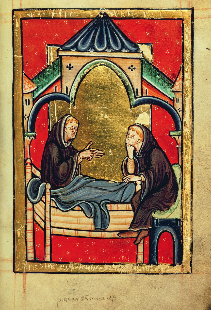 Añadir 39943 f.21 Boisil, prior de Cuthbert en Melrose, en su lecho de muerte, de "Vida y milagros de San Cuthbert" de Bede, latín (Durham) (vitela) de English School