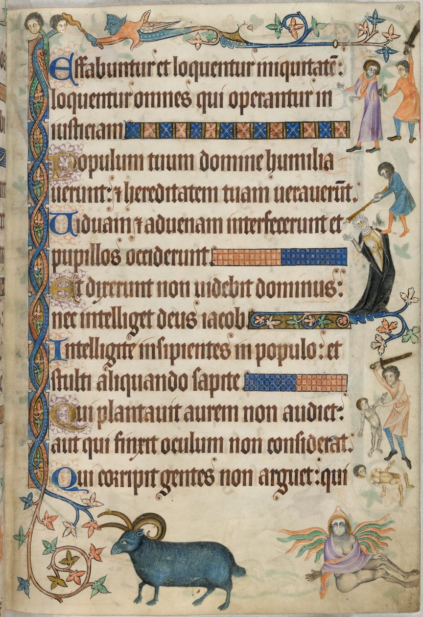Añadir. 42130 , f.169, Salmo 93, escenas de asesinato, del "Salterio de Luttrell", c.1325-35 (vitela) de English School