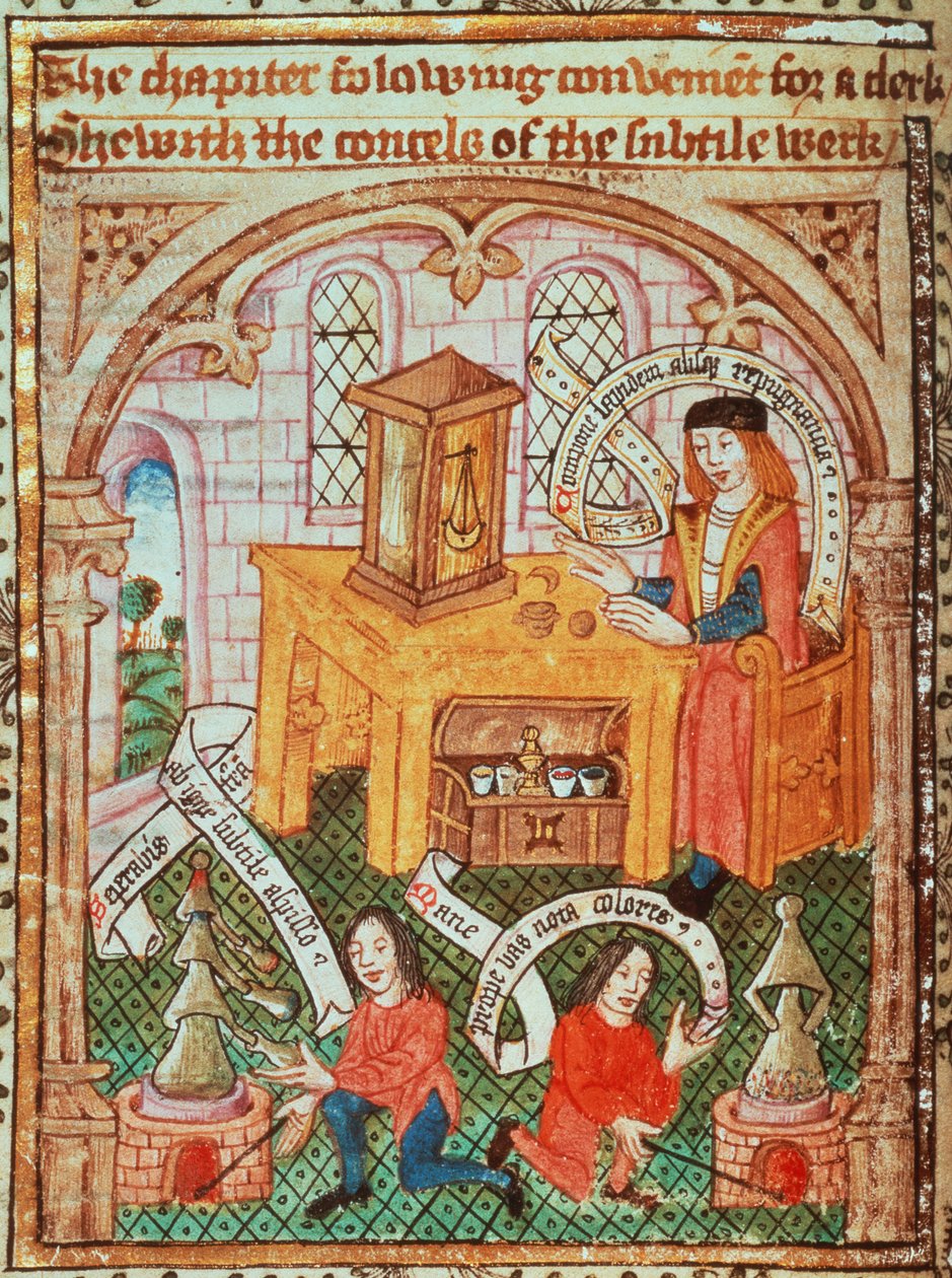 Añadir MS 10302 f.37v Maestro de alquimia preparando ingredientes, de 