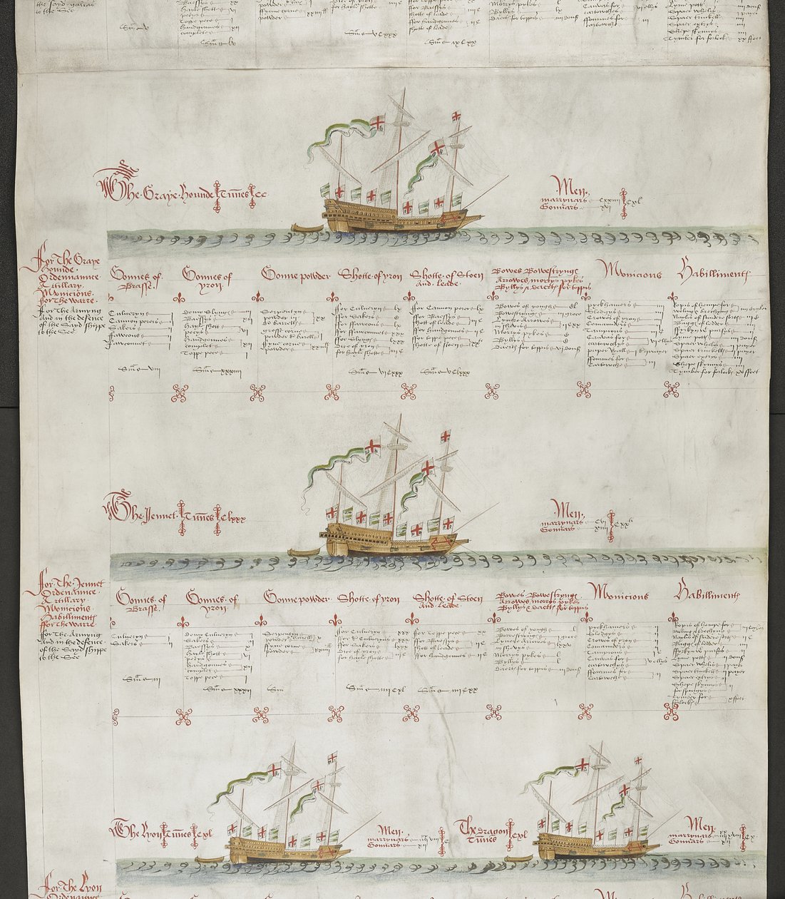 Agregue MS 22047 f.6r Galleasses: The Greyhound, The Jennet, The Lion and The Dragon, de 