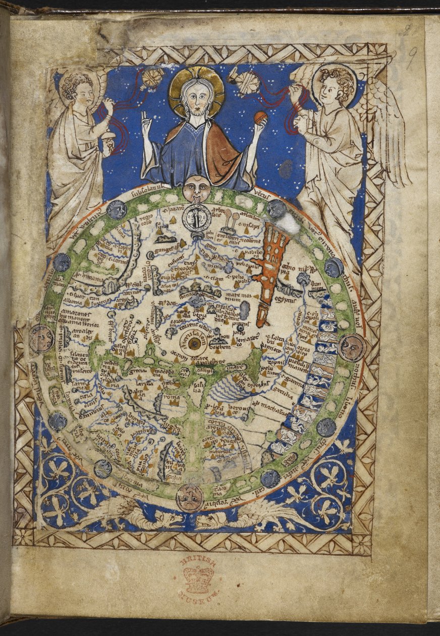 Agregar MS 28681 f.9 Salterio, con himnos y oraciones adicionales y un mapa del mundo medieval ("El Mapa Salterio") 1262-70 (tinta, color y oro sobre vitela) de English School