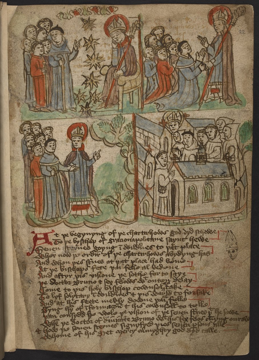Agregue MS 37049, f.22 The Carthusian Miscellany (Religious Prose and Verse) en inglés del norte, incluido un epítome (resumen) de los viajes de Mandeville (tinta y color en papel) de English School