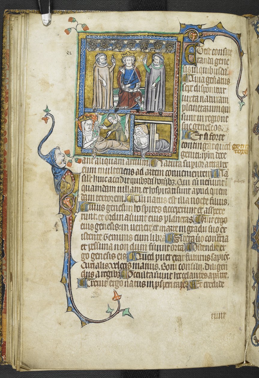 Añadir MS 47680 f.31v Alexander con dos astrólogos apuntando a las estrellas con una reina y una mujer con bebés recién nacidos, de 