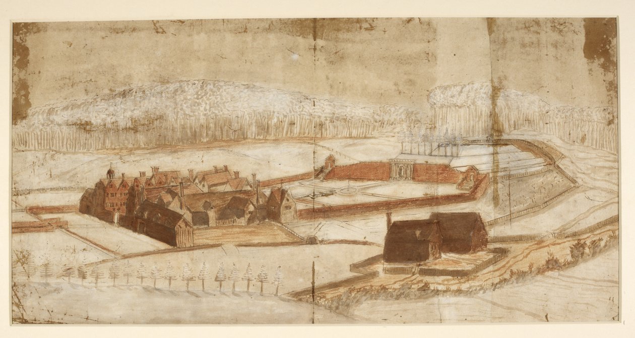 Agregar MS 78610H Vista de Wotton con el jardín, la gruta y los alrededores, c.1650 (pluma y tinta con crayón y aguada sobre papel) de English School