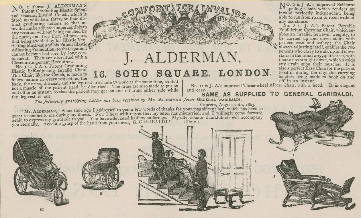 Anuncio de J Alderman, fabricante de carruajes para inválidos (grabado) de English School