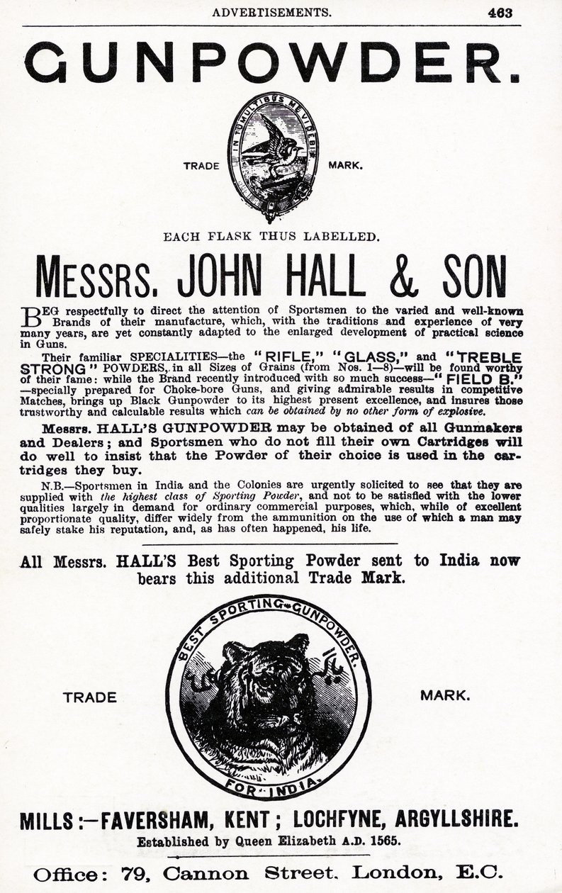 Anuncio de Pólvora por Messrs. John Hall & Son de English School