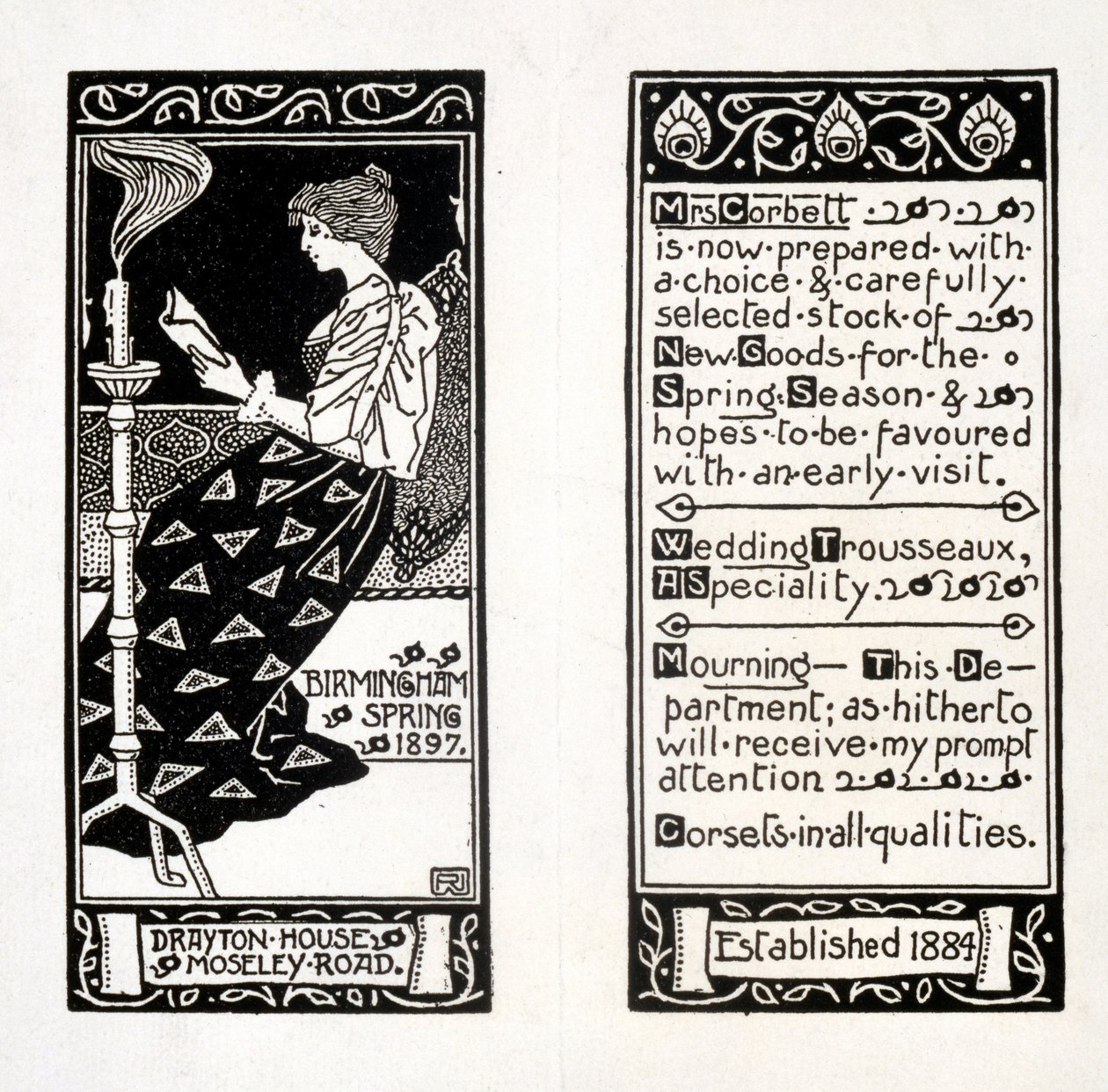 Anuncio para la Sra. Corbett en Drayton House, Birmingham, 1897 de English School