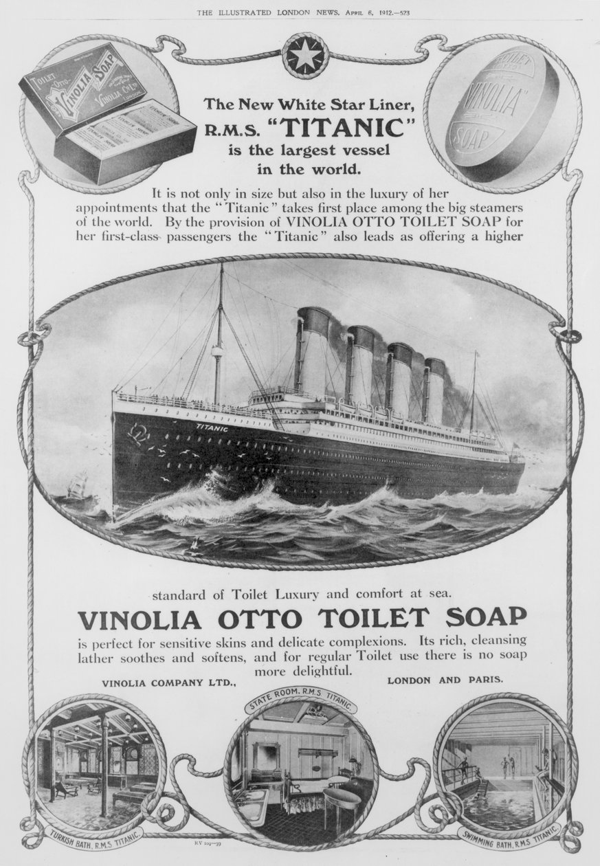 Anuncio del jabón de tocador Vinolia Otto, tal como se utilizó en el "Titanic", de "The Illustrated London News", 6 de abril de 1912 (grabado) (fotografía en blanco y negro). de English School
