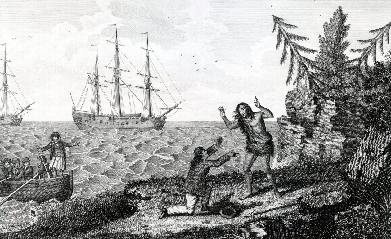 Entrevista conmovedora de dos hombres Mokito, ilustración tomada de los Viajes y Aventuras de Moore, 1778 de English School