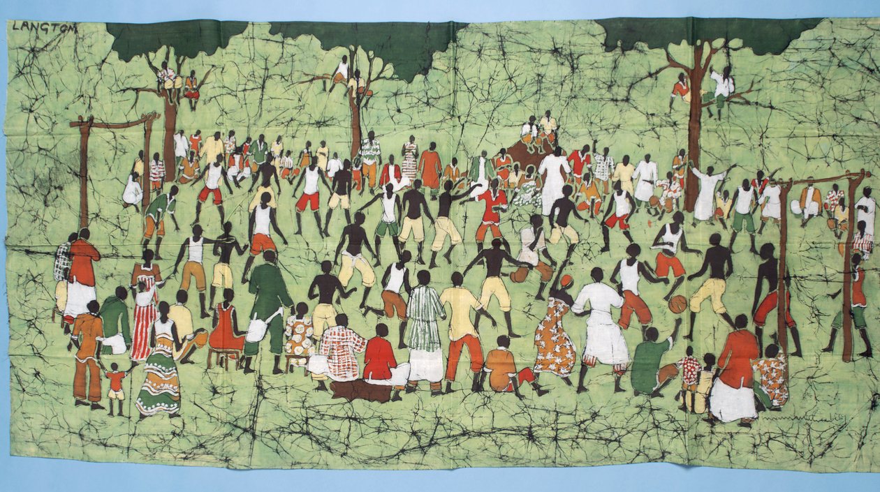 Batik africano, ilustrando un partido de fútbol con espectadores viendo de English School