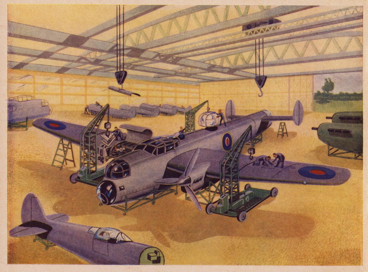 Fábrica de aviones (litografía en color) de English School