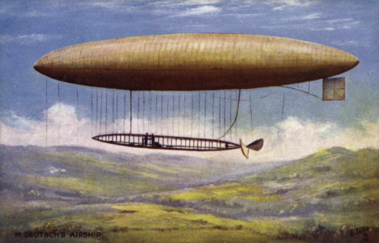 Dirigible de Henry Deutsch de la Meurthe (litografía en color) de English School