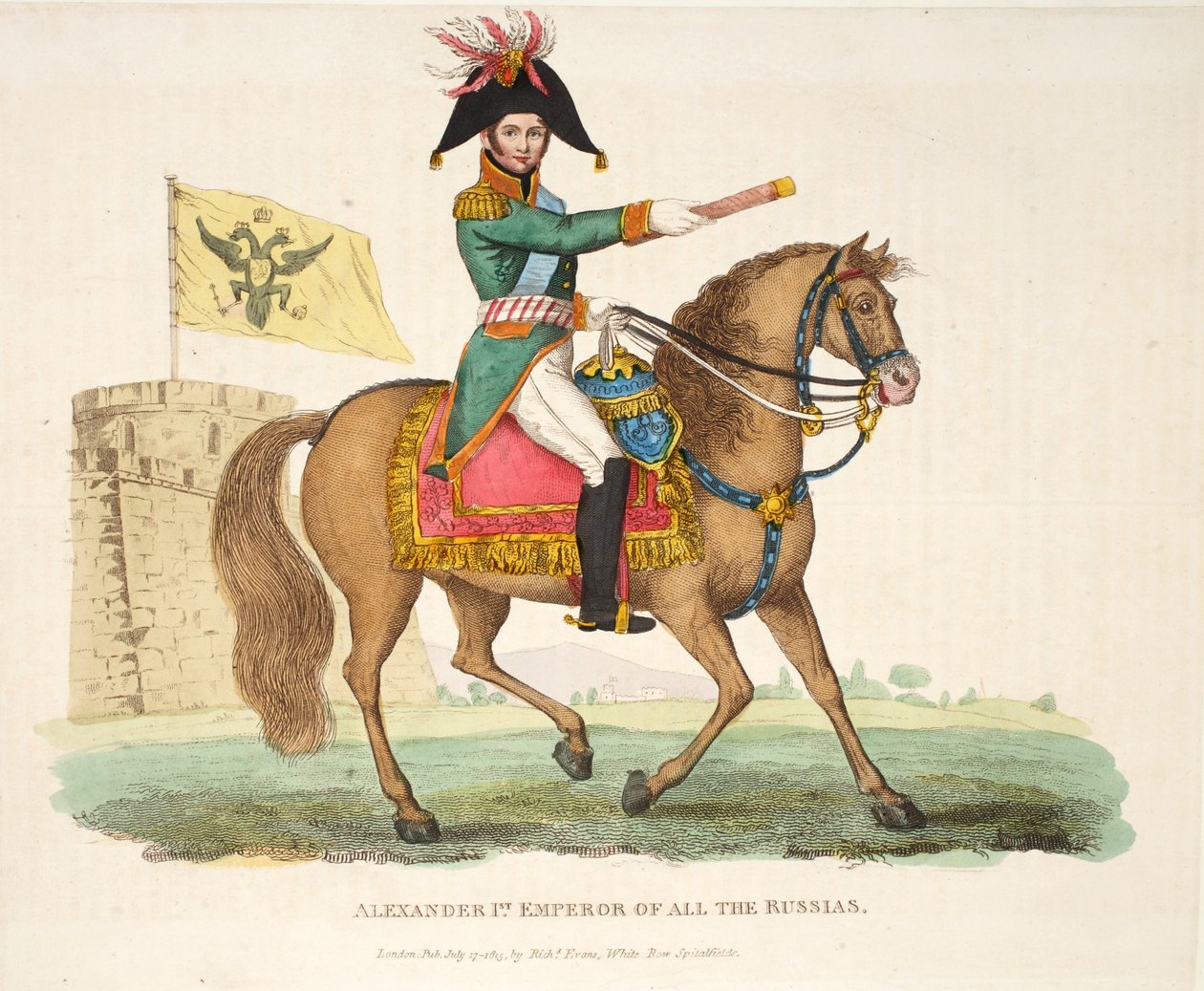 Alejandro I, Emperador de todas las Rusias, publicado por Richard Evans, grabado por Romney, ilustración de Un relato histórico de la batalla de Waterloo por William Mudford, 1816 de English School