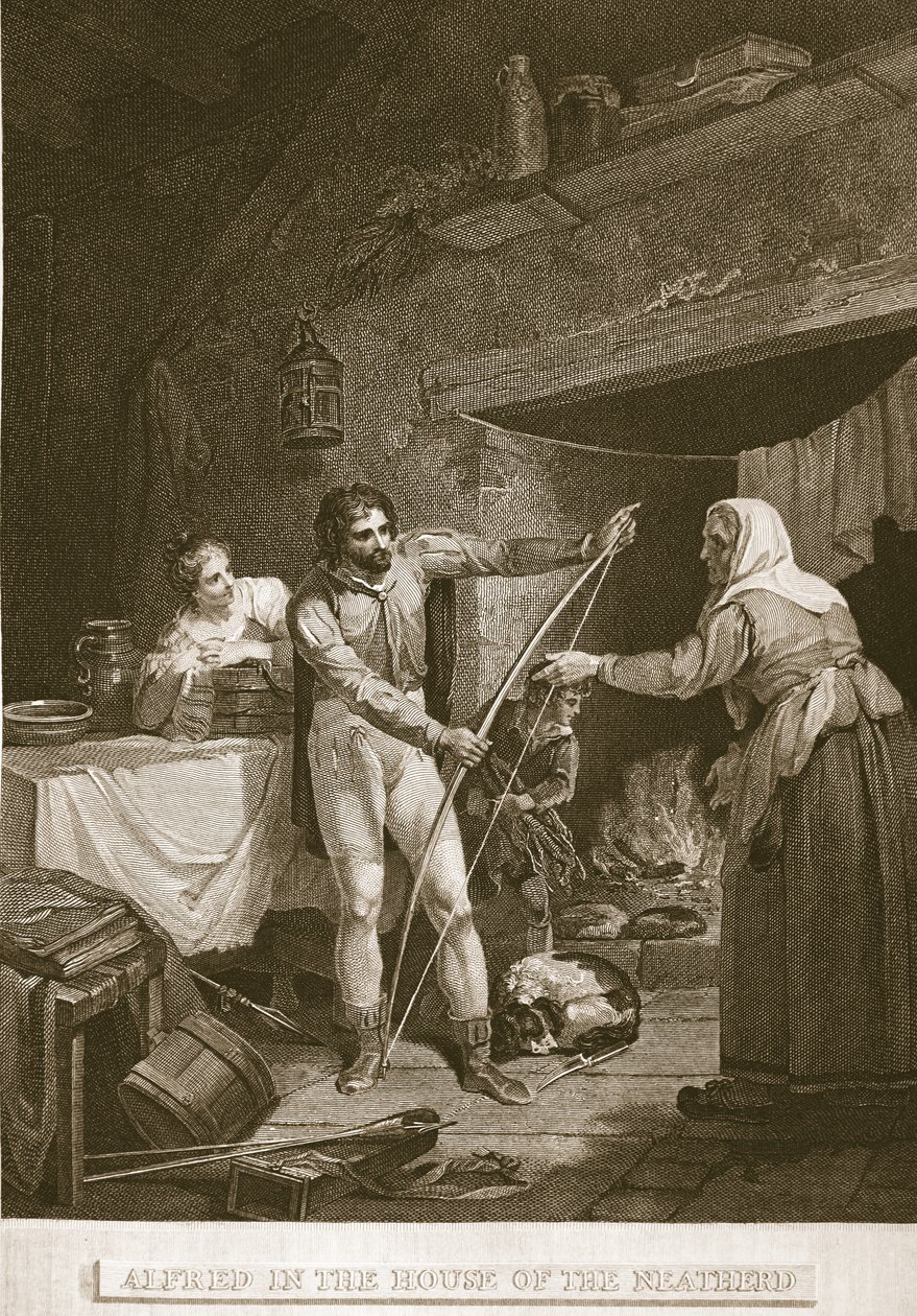 Alfred en la casa del pastor, ilustración de La Historia de Inglaterra de David Hume, pub. por R. Bowyer, Londres, 1812 de English School