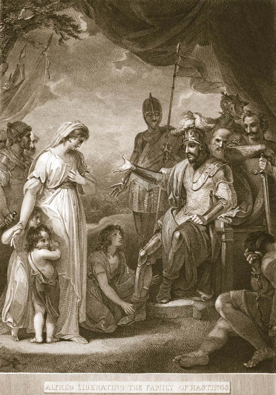 Alfred liberando a la familia de Hastings, ilustración de La Historia de Inglaterra de David Hume, pub. por R. Bowyer, Londres, 1812 de English School