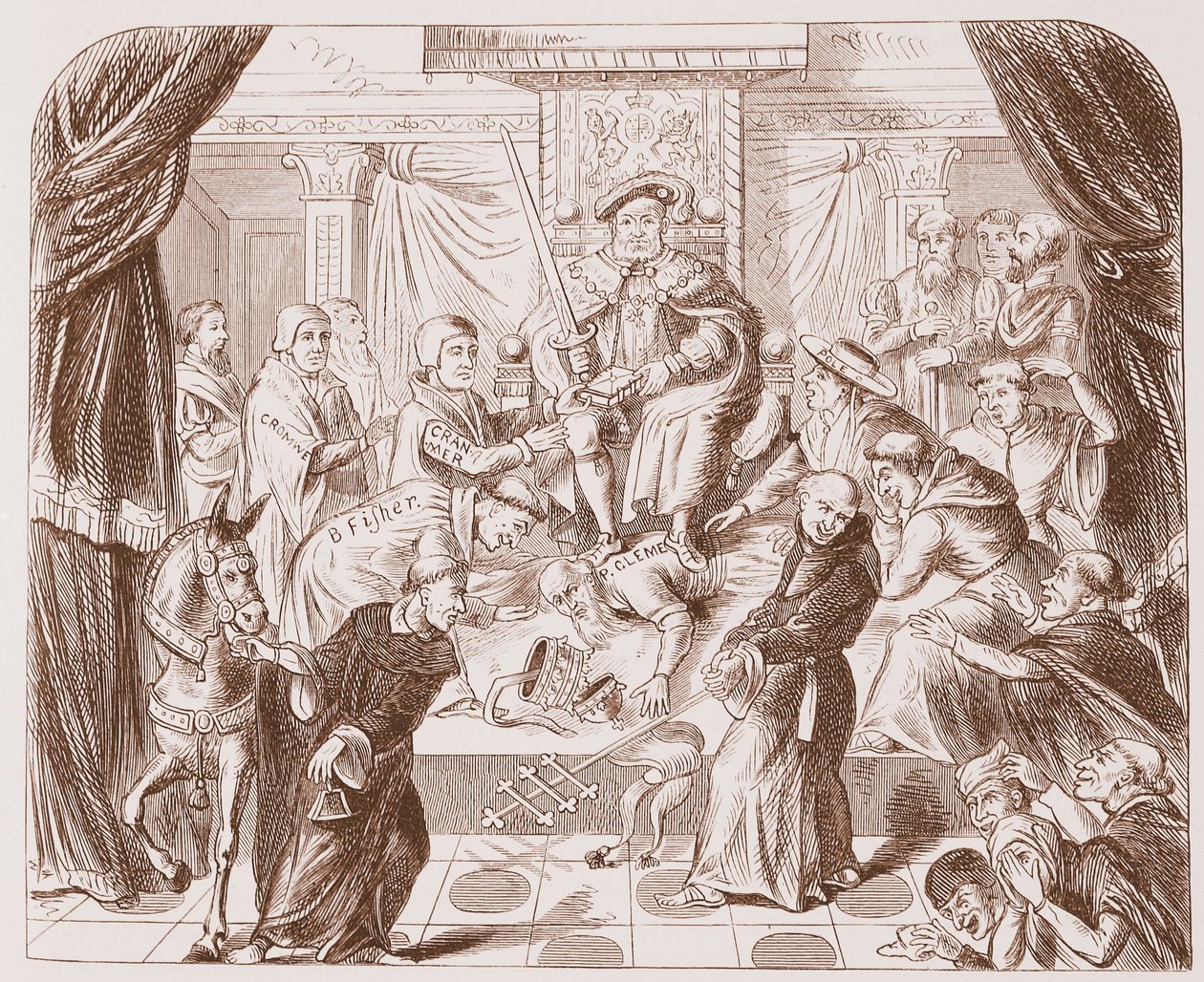Cuadro alegórico de Enrique VIII pisoteando al Papa Clemente, de una impresión antigua en el Museo Británico de English School