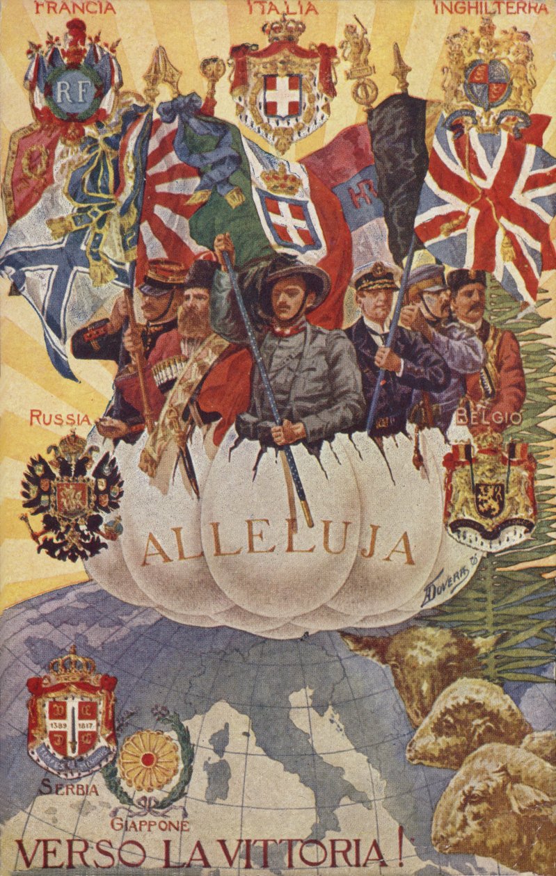 Soldados aliados izando banderas (litografía en color) de English School