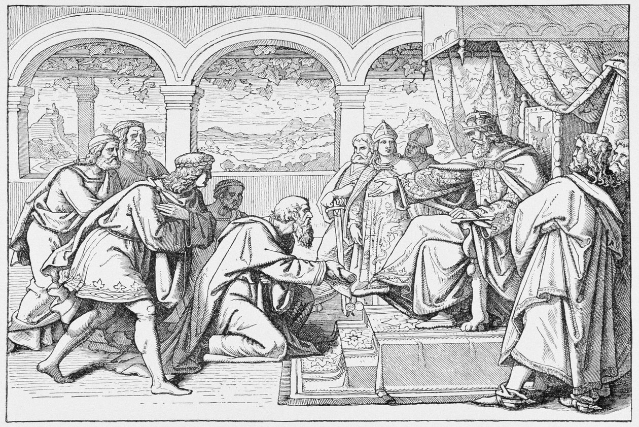 Embajadores de Haroun al Raschid (c.766-809) ante Carlomagno (768-814), de La historia de Francia, por Emile de Bonnechose, publicado por Ward, Lock and Co, Londres de English School