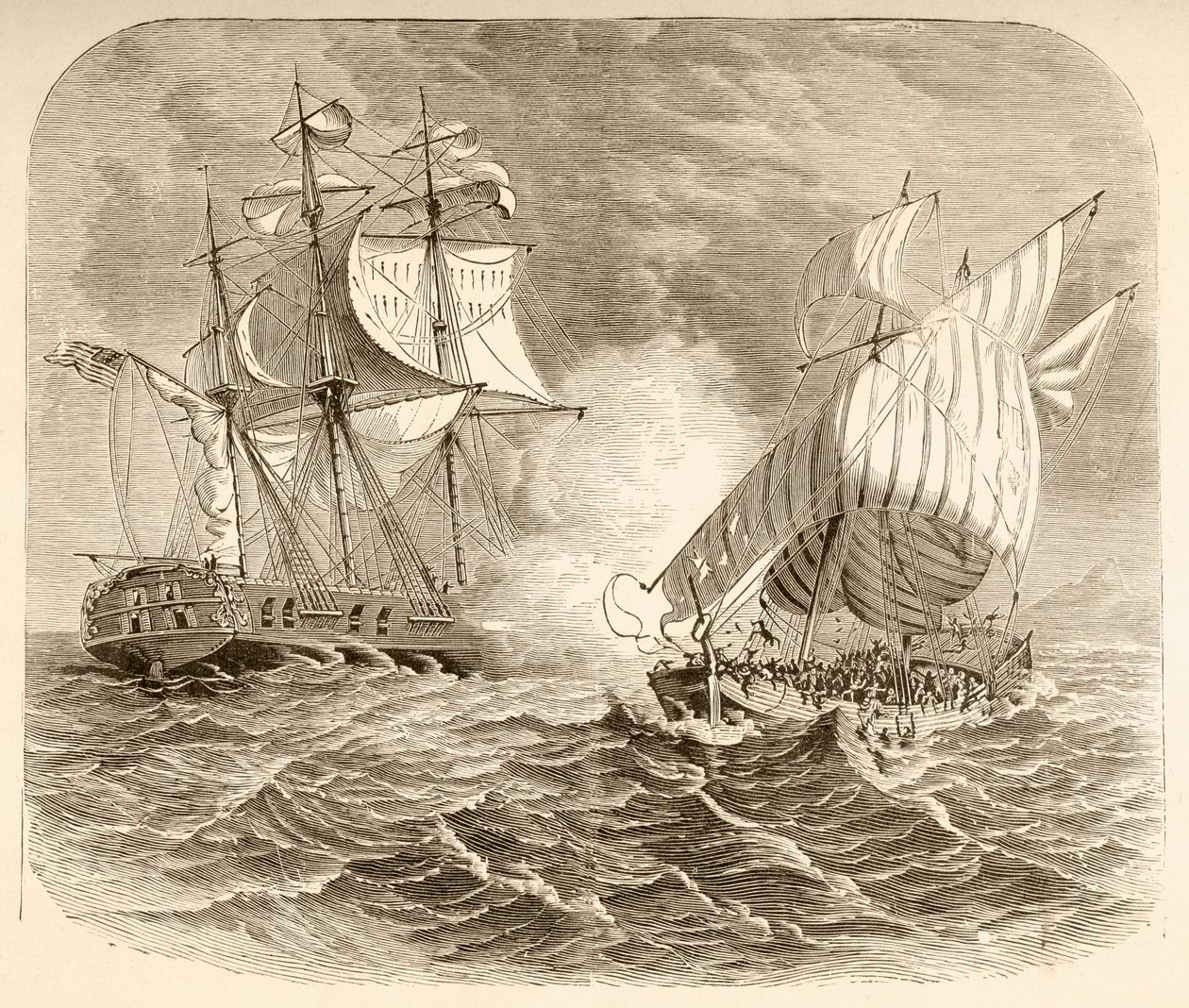 Un buque de la Marina estadounidense captura un barco pirata argelino frente a la costa de Berbería durante la Primera Guerra Berberisca (litografía) de English School
