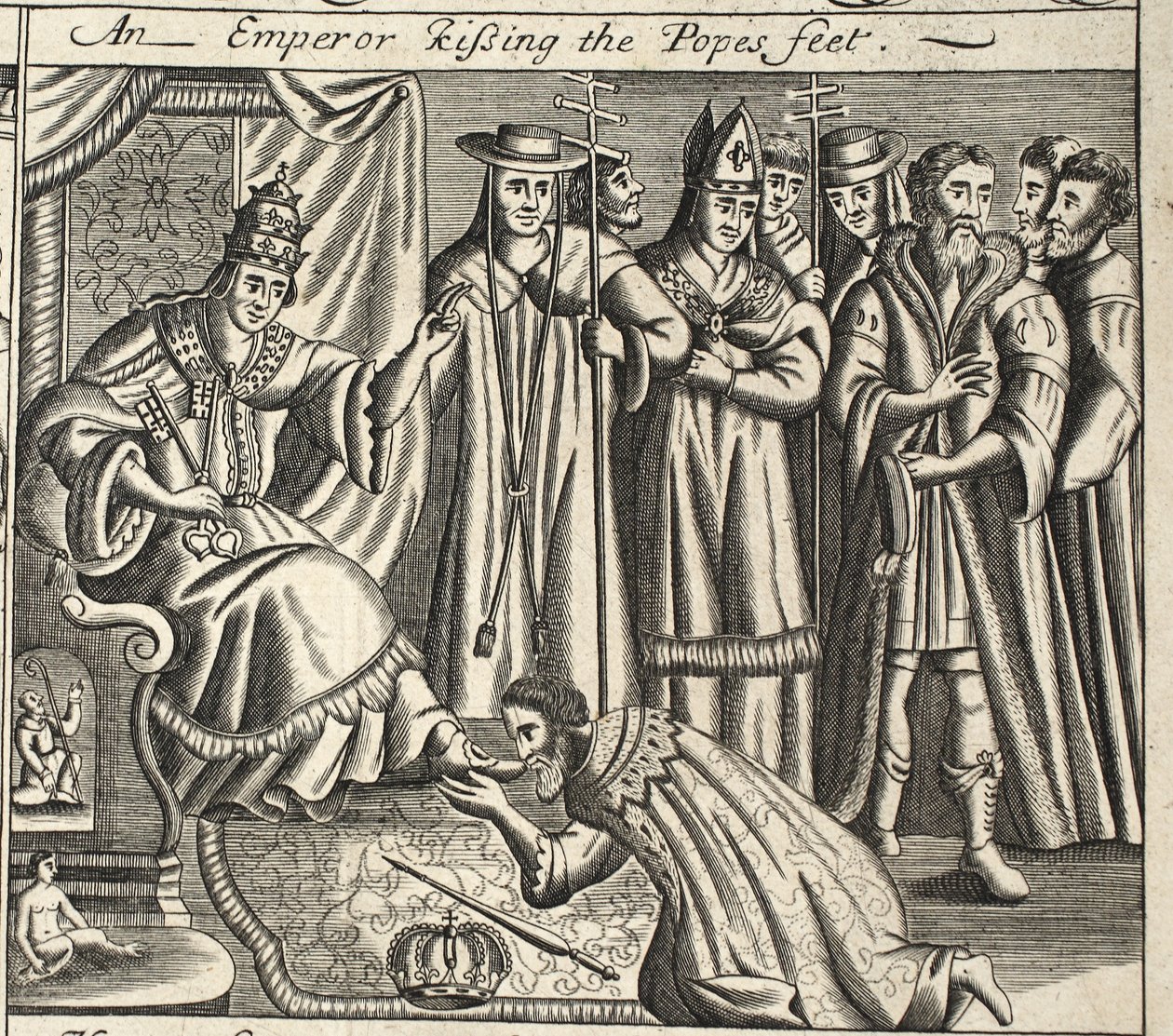 Un emperador besando los pies del Papa, ilustración de Hechos y Monumentos de John Foxe, novena edición, pub. 1684 de English School