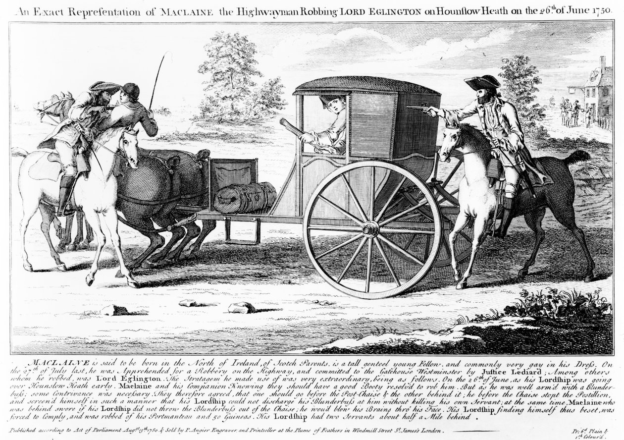Representación exacta de Maclaine el bandolero robando a Lord Eglington en Hounslow Heath el 26 de junio de 1750, grabado por Charles Mosley, 1750 de English School