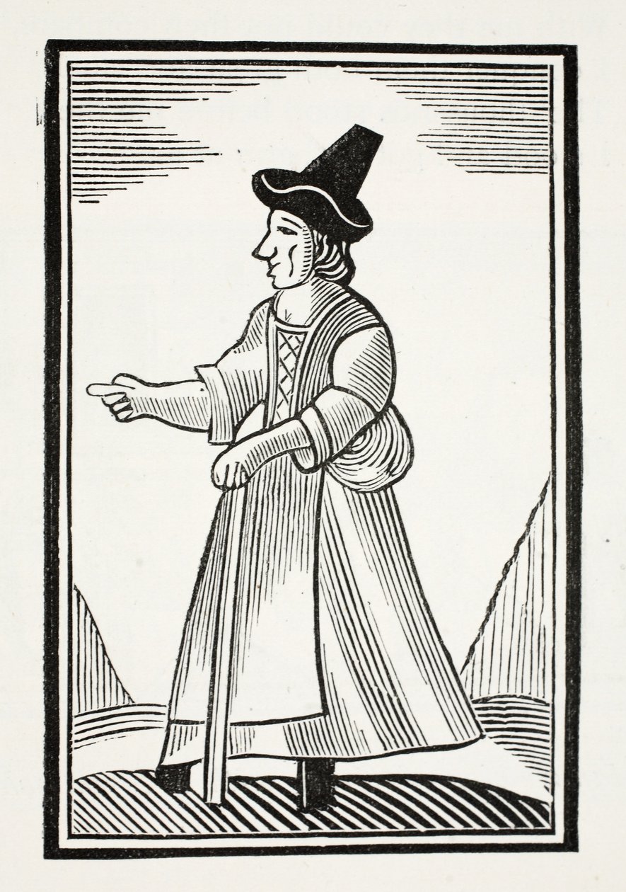 Una anciana regañando con un sombrero alto, ilustración de Chap-books del siglo XVIII de John Ashton, pub. 1882 de English School