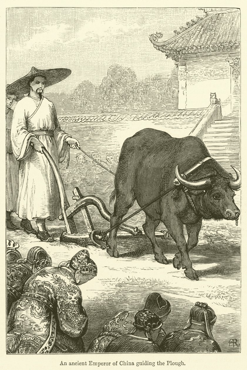 Un antiguo emperador de China guiando el arado (grabado) de English School
