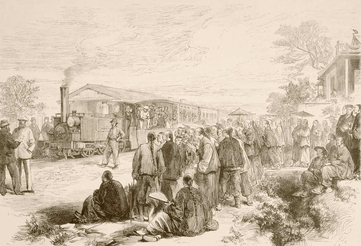 Un antiguo ferrocarril chino c.1880 (litografía) de English School