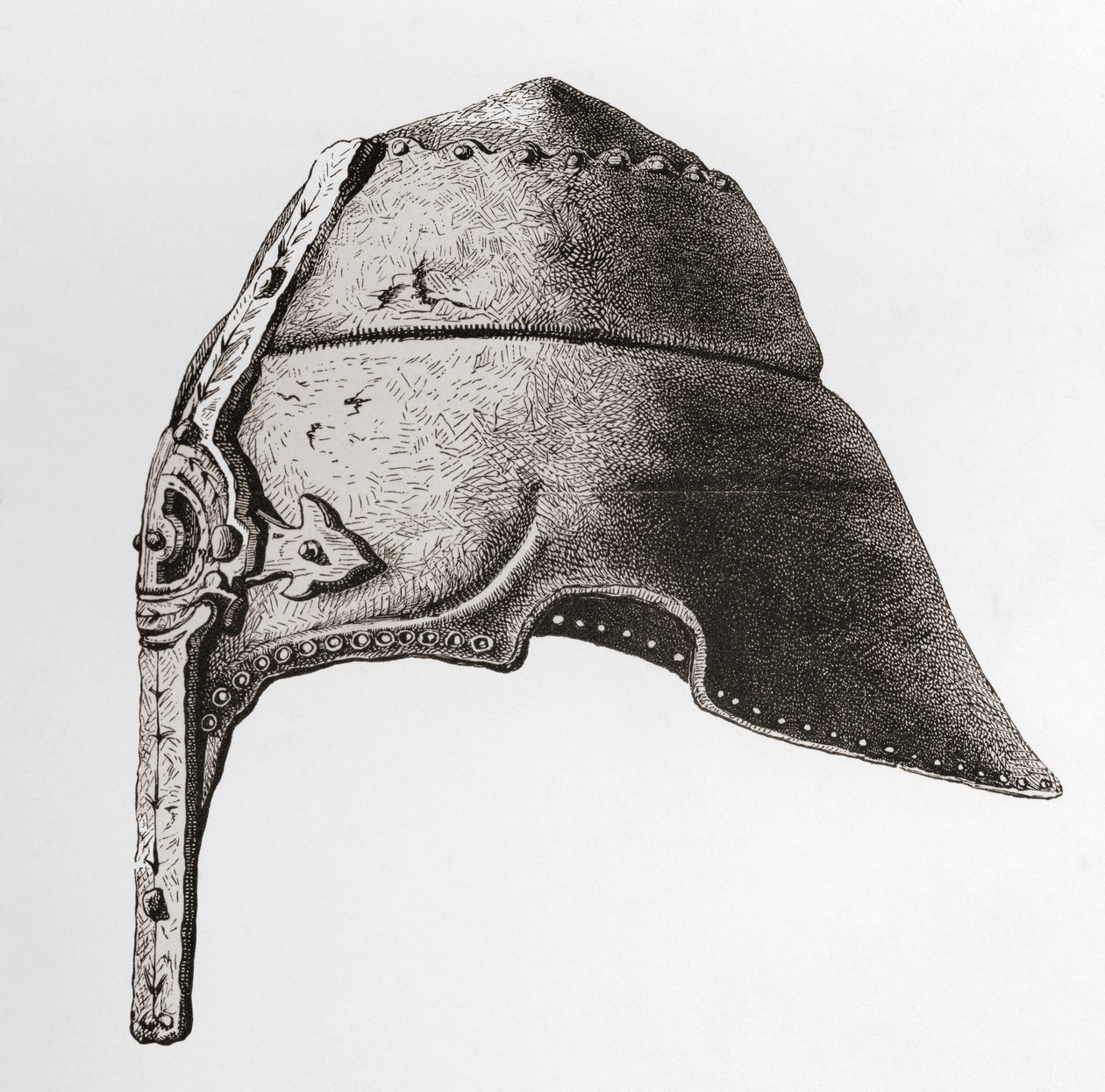 Un casco nasal de principios del siglo XII, de The British Army: Its Origins, Progress and Equipment, publicado en 1868. de English School