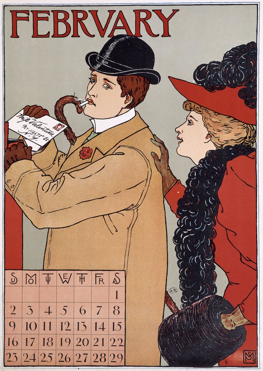Una pareja elegante (hombre envía una carta), imagen de calendario inglés, mes de febrero, s.f. finales del siglo XIX de English School