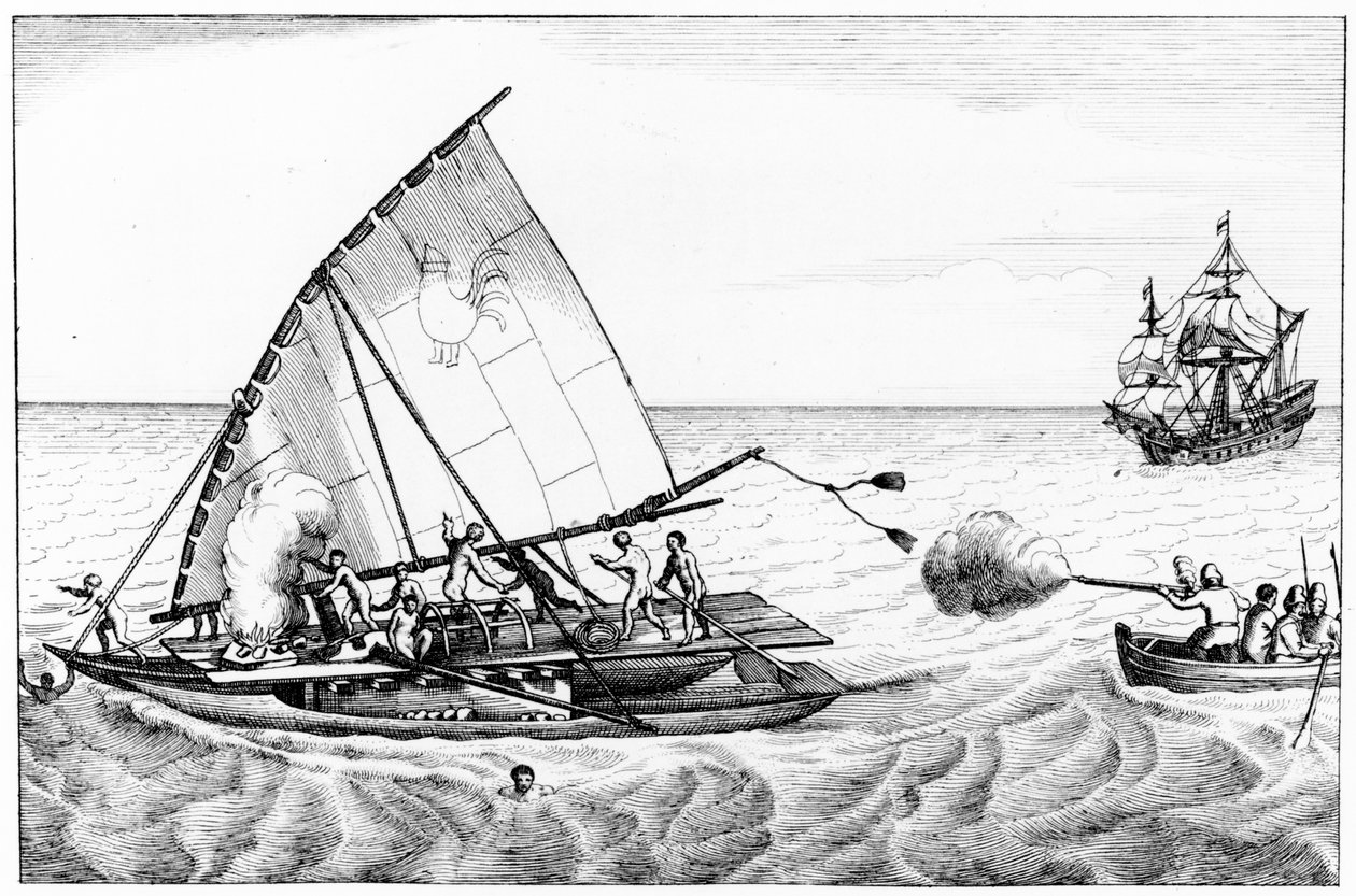 Un incidente durante la circunnavegación del mundo de Le Maire (c.1585-1616) y Schouten (c.1567-1625) en 1615-16, del Volumen II de Historia Cronológica de los Viajes y Descubrimientos en el Mar del Sur de English School
