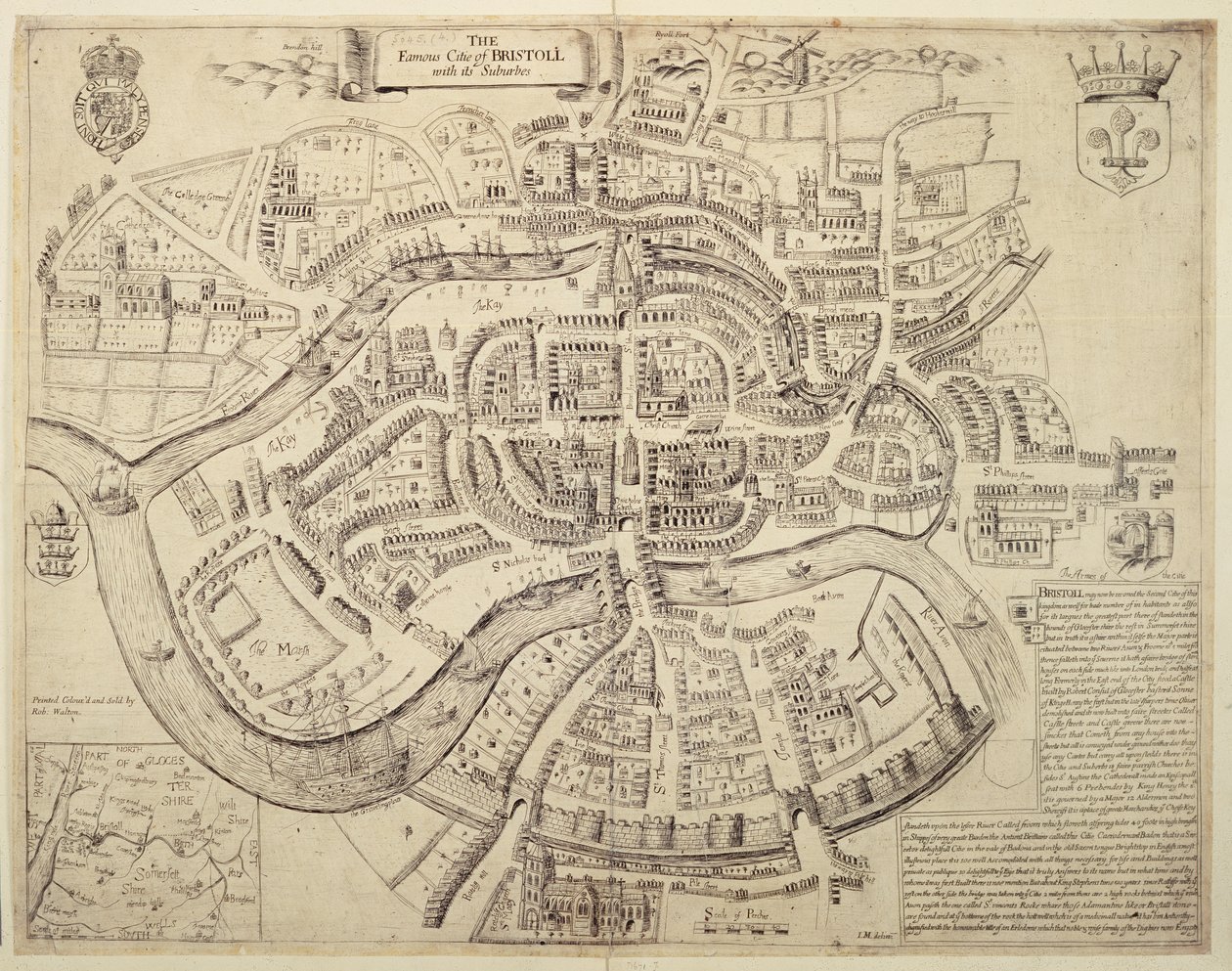 Mapa de la ciudad antigua de Bristol y sus suburbios, impreso, coloreado y vendido por Robert Walton de English School