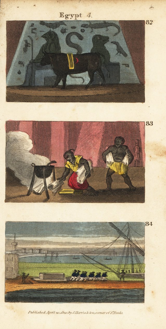 Ídolo egipcio antiguo Osiris como un buey, Omar el sarraceno quemando la biblioteca de Ptolomeo Sóter en 642, y las tropas de Napoleón llevándose la Tumba de Alejandro de English School