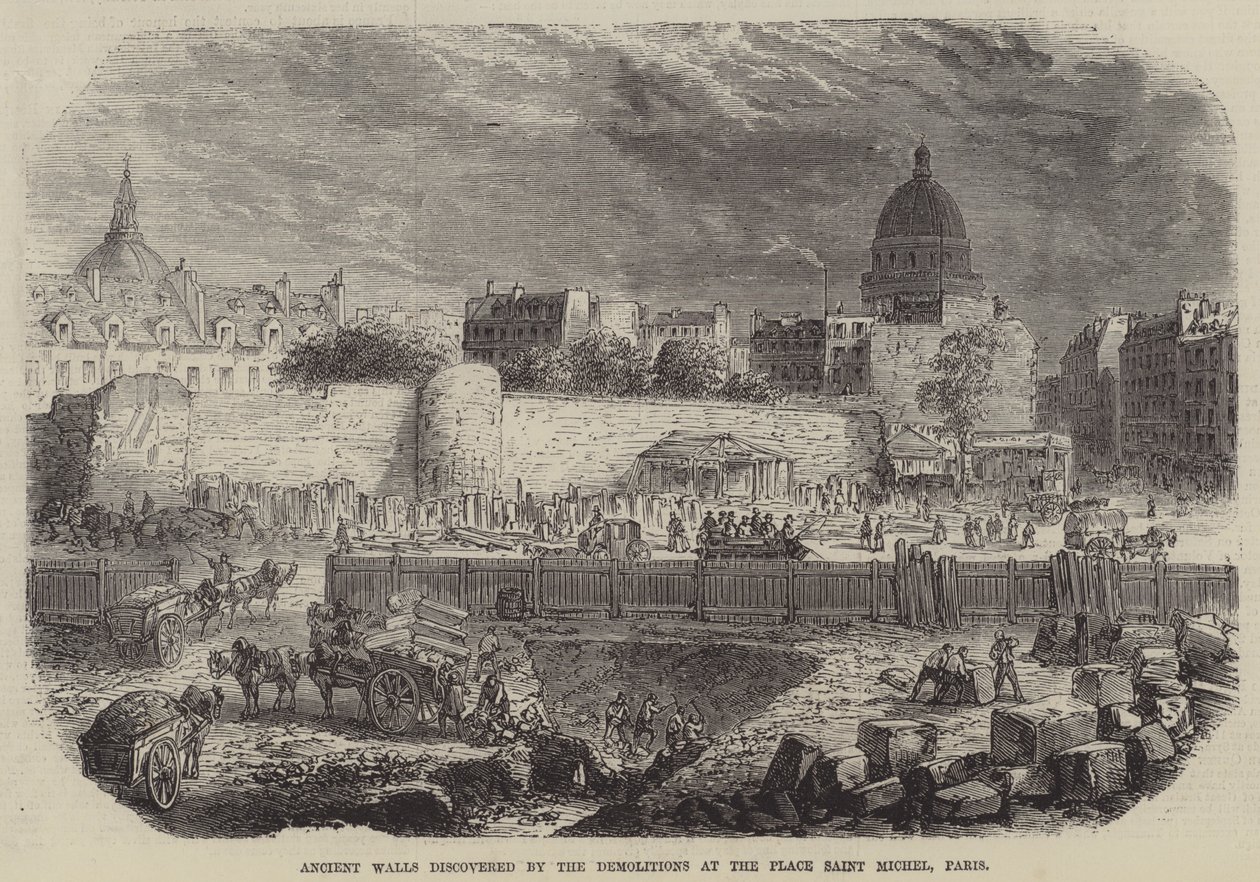 Antiguas murallas descubiertas por las demoliciones de la plaza Saint Michel, París (grabado) de English School