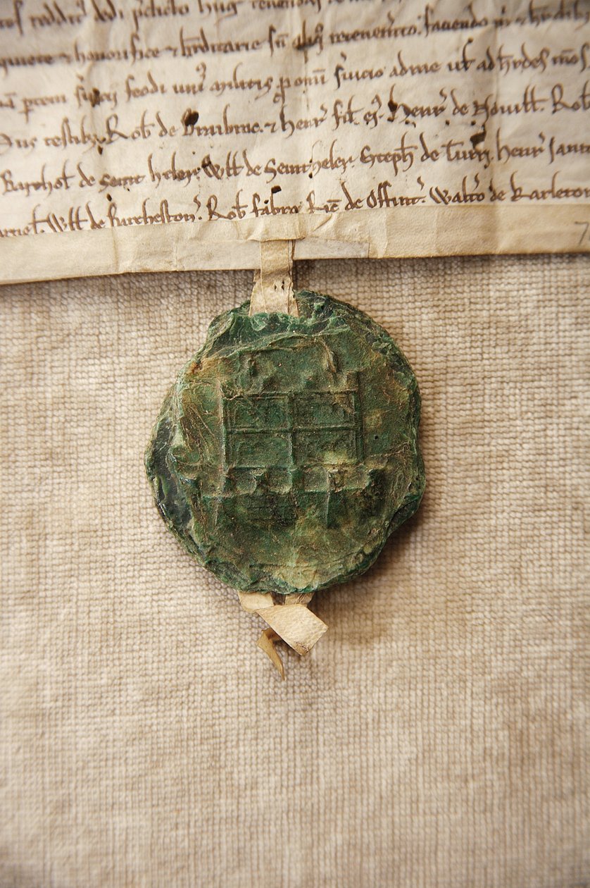 Sello antiguo con una imagen del castillo original, hecho para William de Albini IV, c.1267 de English School