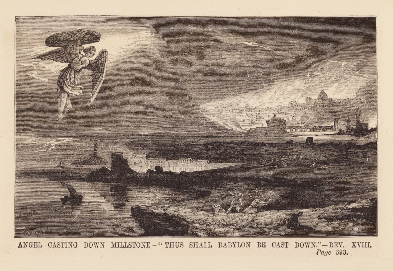 Ángel arrojando al mar una piedra de molino (grabado) de English School