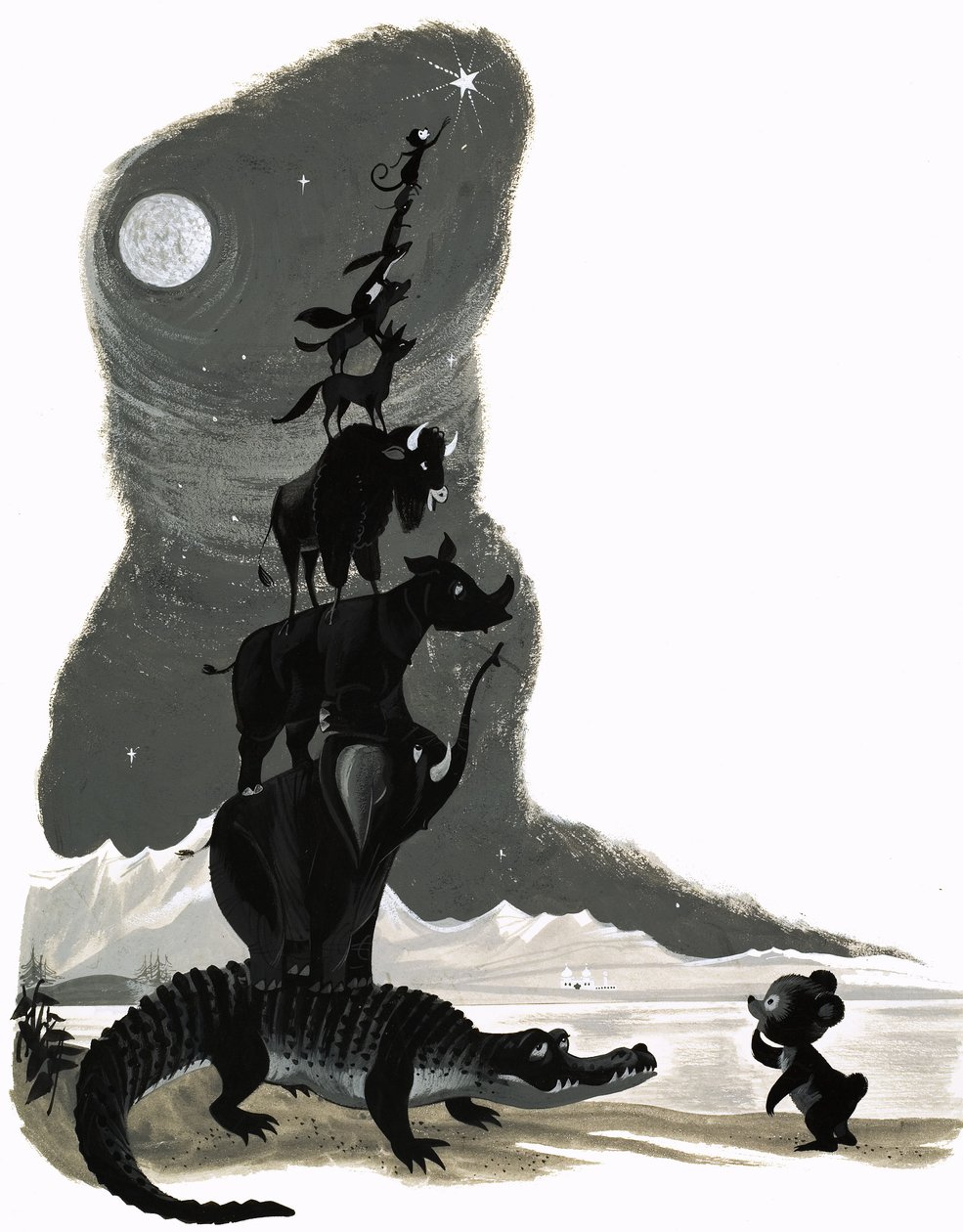 Animales apilados (gouache sobre papel) de English School