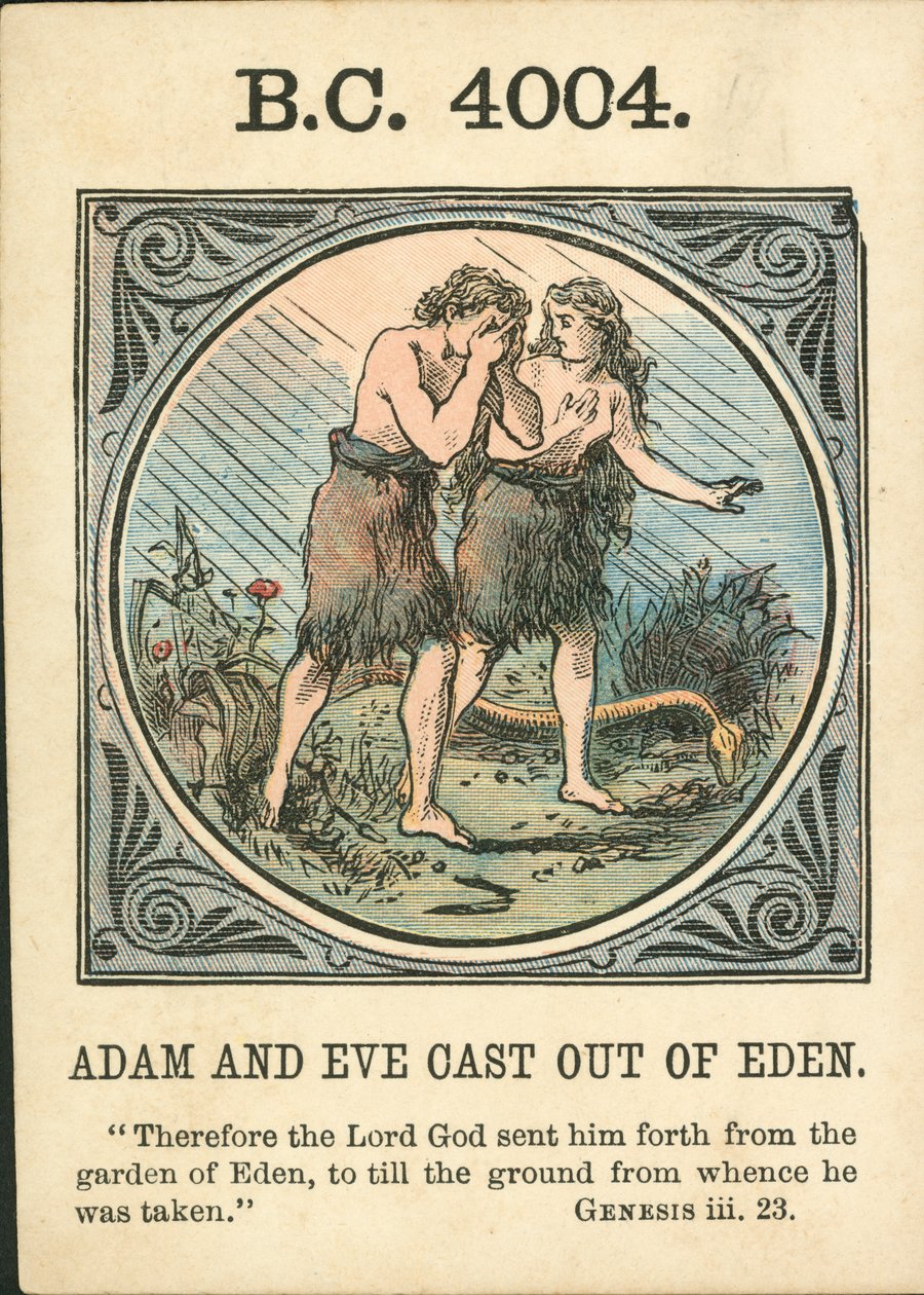 Anno Mundi: 4004 a.C., Adán y Eva expulsados del Edén (litografía en color) de English School