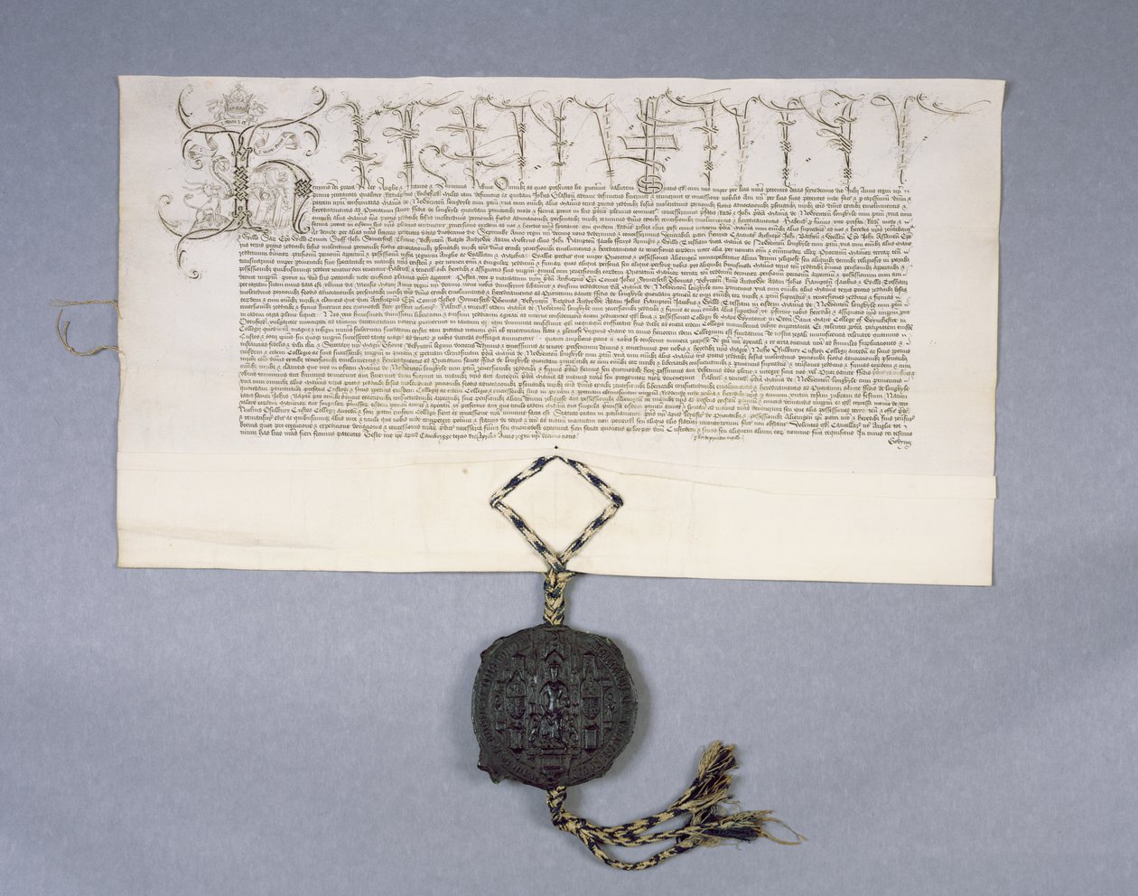 Archivo 11980: Carta que registra la concesión del Rey Enrique VI a New College Oxford de las propiedades de Newton Longville, 1441 (tinta sobre pergamino) de English School