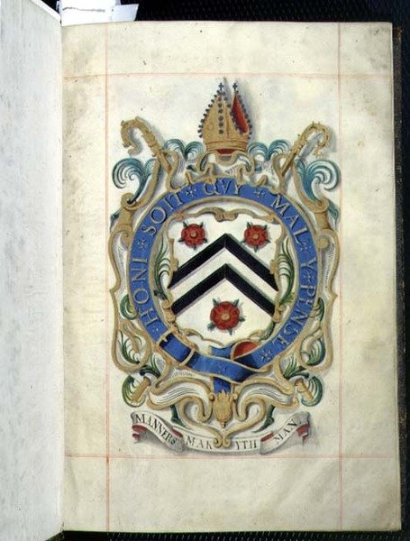 Archivo 3693 fol.1 Escudo de armas de un libro de donaciones de New College, Oxford de English School