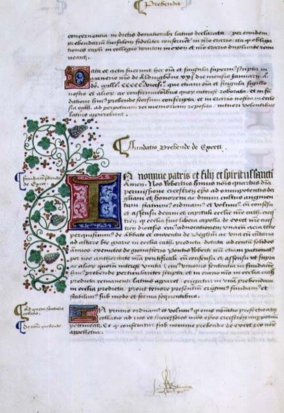 Página de texto con inicial iluminada, del Libro de Fundaciones de Robert Sherborne o Shirburn (c.1450-1536) Obispo de Chichester de English School