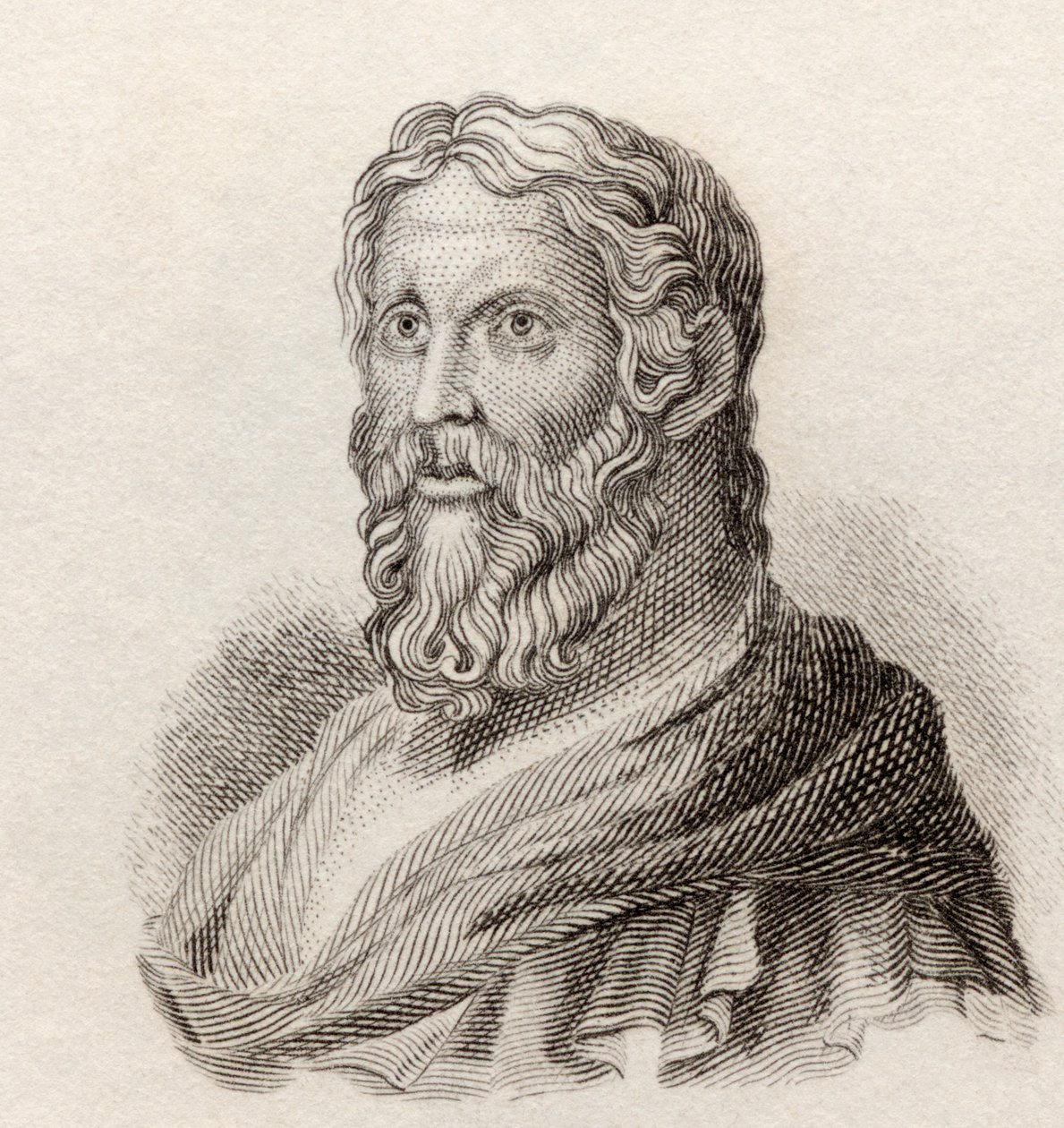 Aristófanes, c. 446 a c. 386 a.C. Dramaturgo cómico de la Antigua Grecia, del Diccionario Histórico de Crabb pub. 1825. de English School