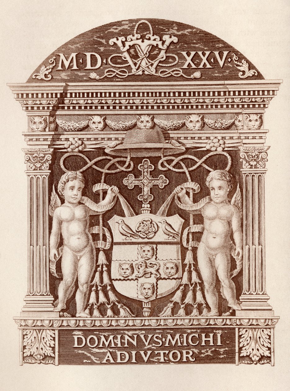 Armas del Cardenal Wolsey en terracota en el Palacio de Hampton Court, de la Historia del Palacio de Hampton Court en Tiempos Tudor por Ernest Law, publicado en Londres 1885 de English School